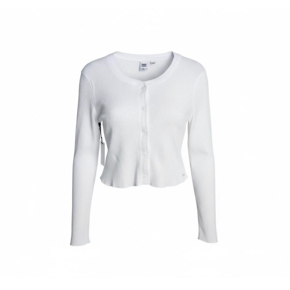TNA Cardigan Women L White Waffle Knit Cropped Button Front Lettuce Edge NEW